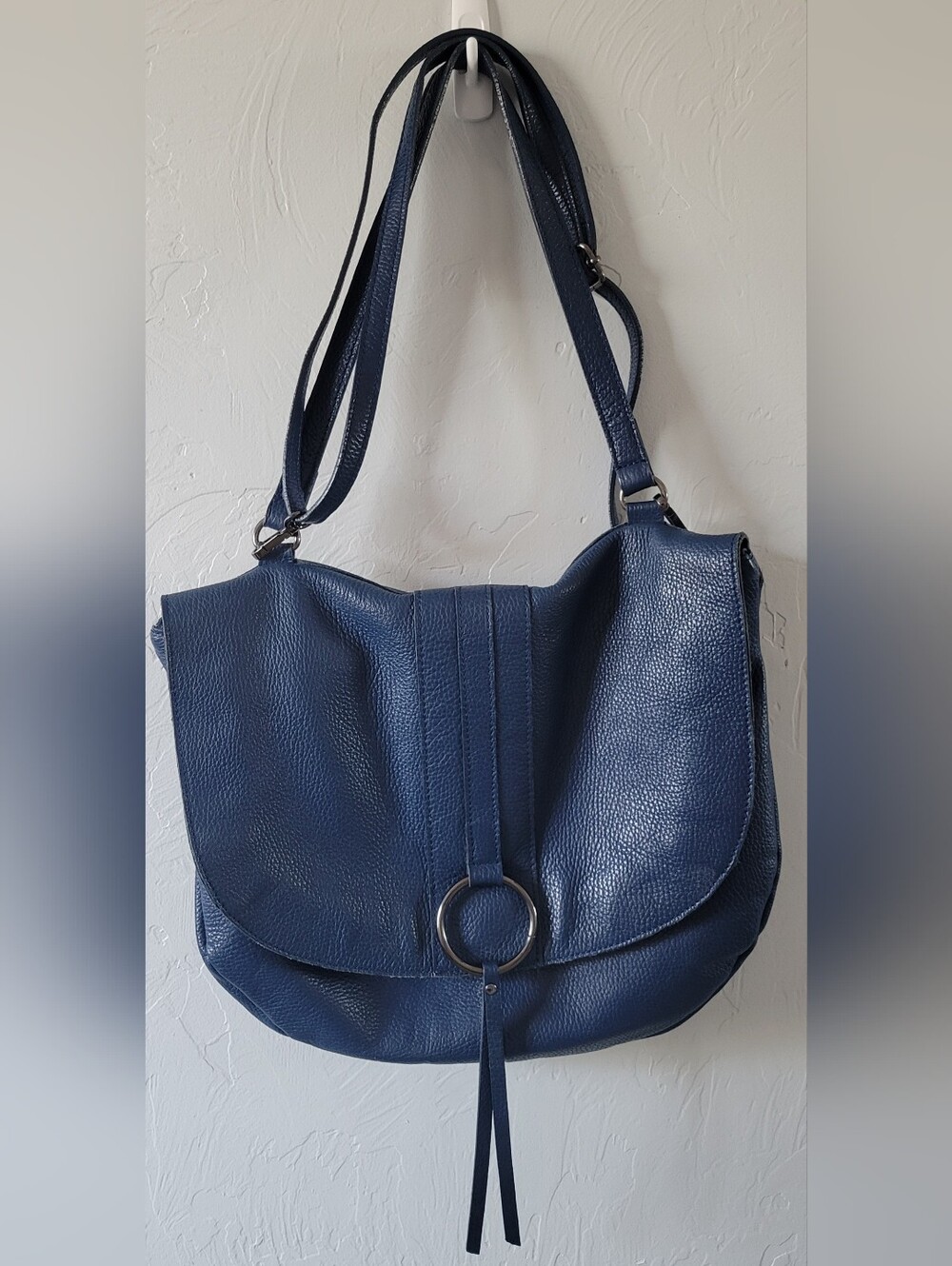 Genuine Italian Leather Blue Shoulder Bag | Made in Italy | Soft Pebbled Leather